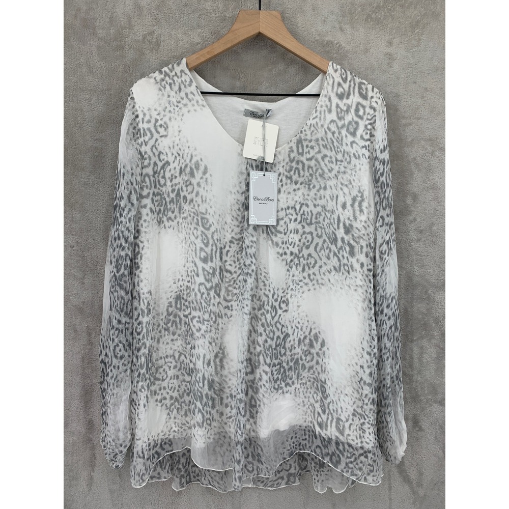 Elena Baldi Shirt Womens 3X White Gray Animal Print‎ 100% Silk Sheer Italy NEW